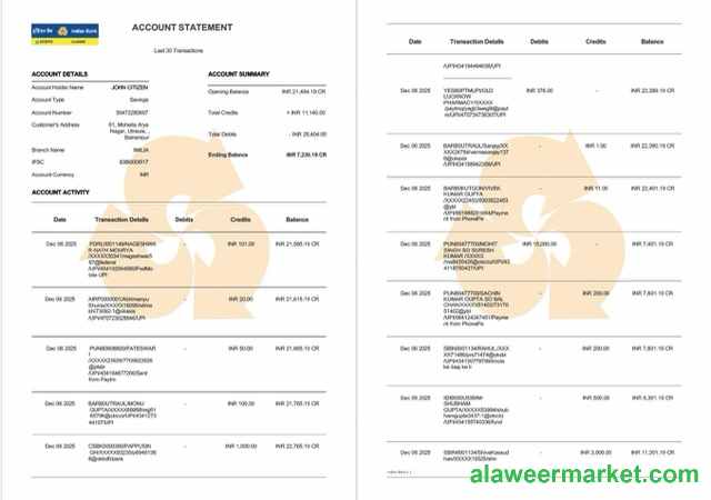 Indian Bank Allahabad account statement Word and PDF template, 2 pages